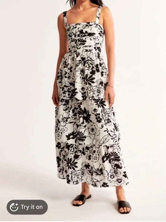 Abercrombie & Fitch Black & White Floral Tiered Maxi Dress