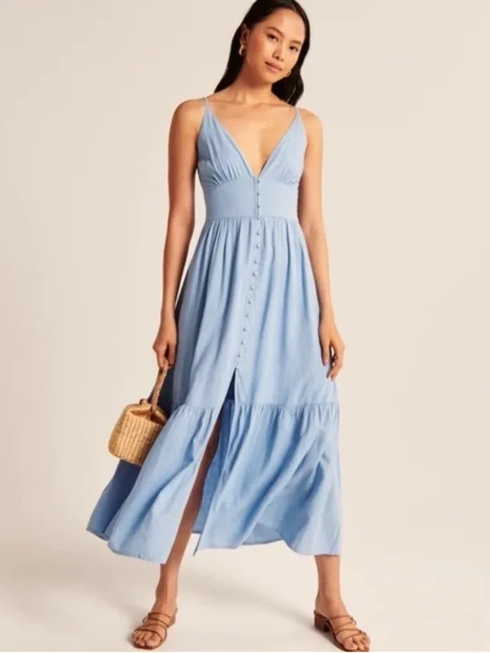 Light Blue Spaghetti-Strap Button Front Maxi Dress