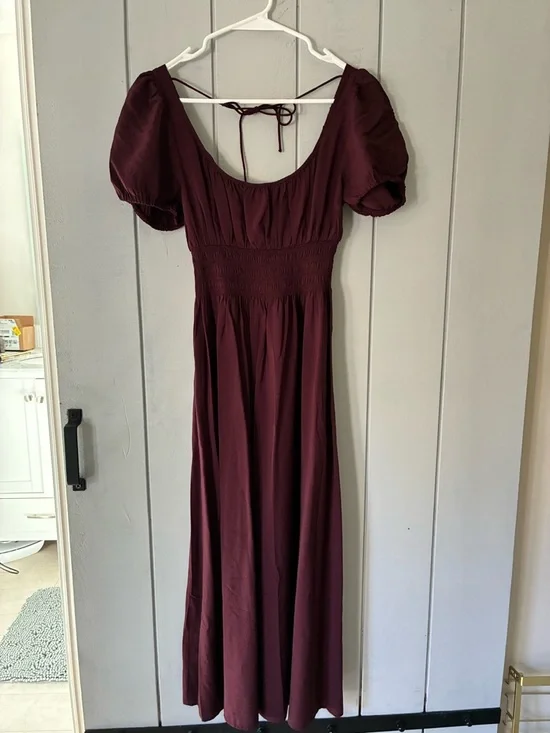 Abercrombie & Fitch Burgundy Maxi Dress with Puff Sleeves