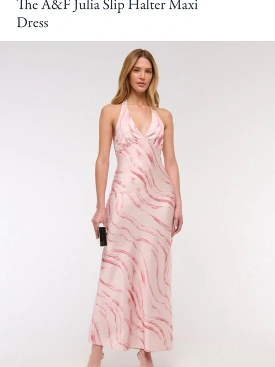 NWT. XL Petite. Abercrombie & Fitch Julia Halter Slip Maxi Dress in Pink Marble