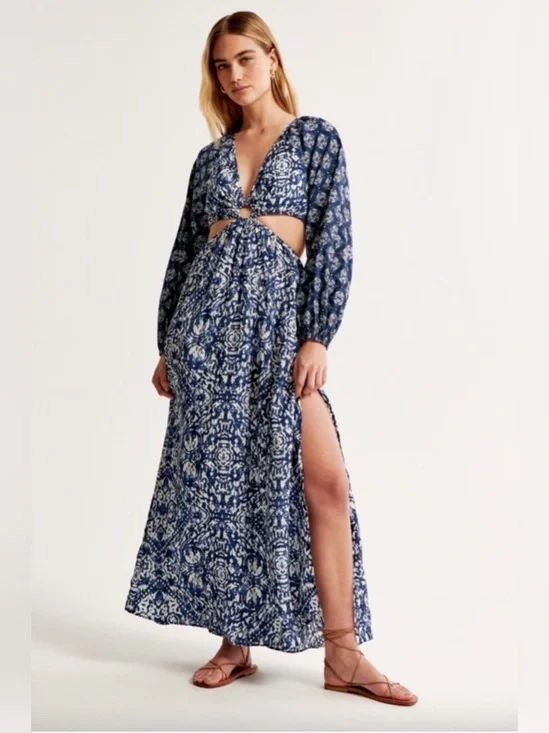 Abercrombie Long-Sleeve Plunge Cutout Maxi Dress