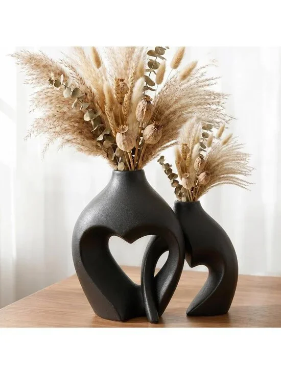 Set of 2 Black Heart Shaped Ceramic Vases - Minimalist Home Decor for Table