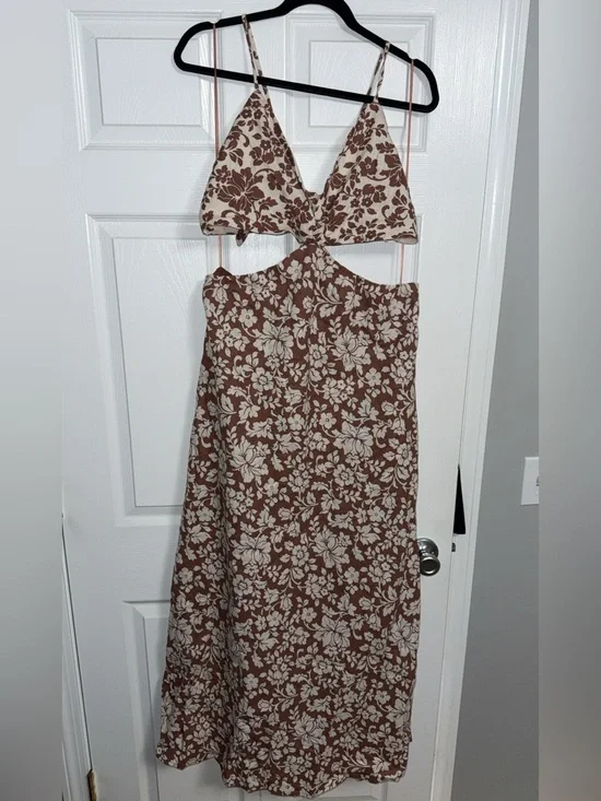 Abercrombie & Fitch Brown and Cream Floral Cutout Maxi Dress