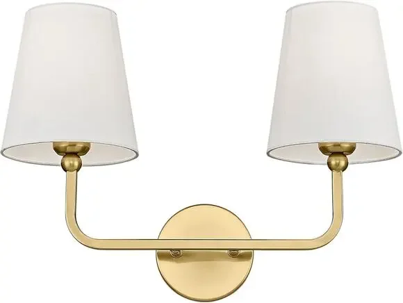 Brushed Gold 2-Light Bathroom Vanity Sconce with Beige Fabric Shade