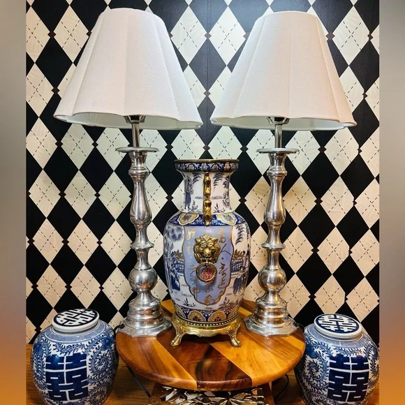 Luxury‎ Tall Silver Table Lamp Pair – Sculptural Bases with Scalloped Shades