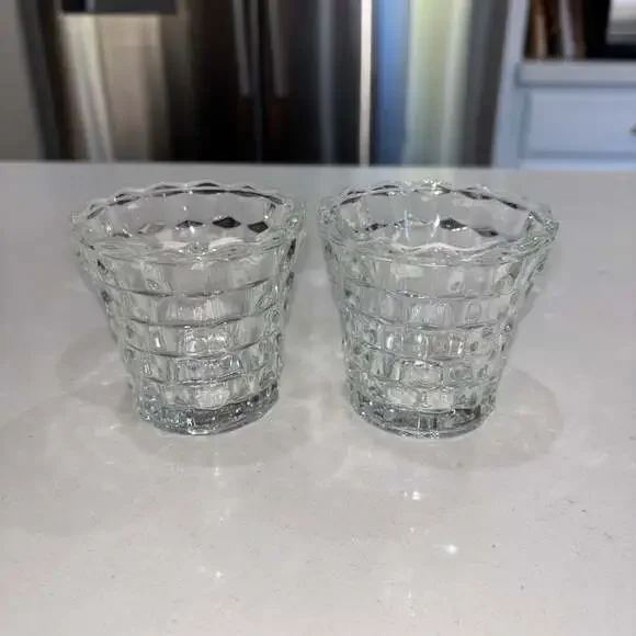 Vintage Indiana Glass Whitehall Clear Cubist Votive Candle Holders - Set of 2