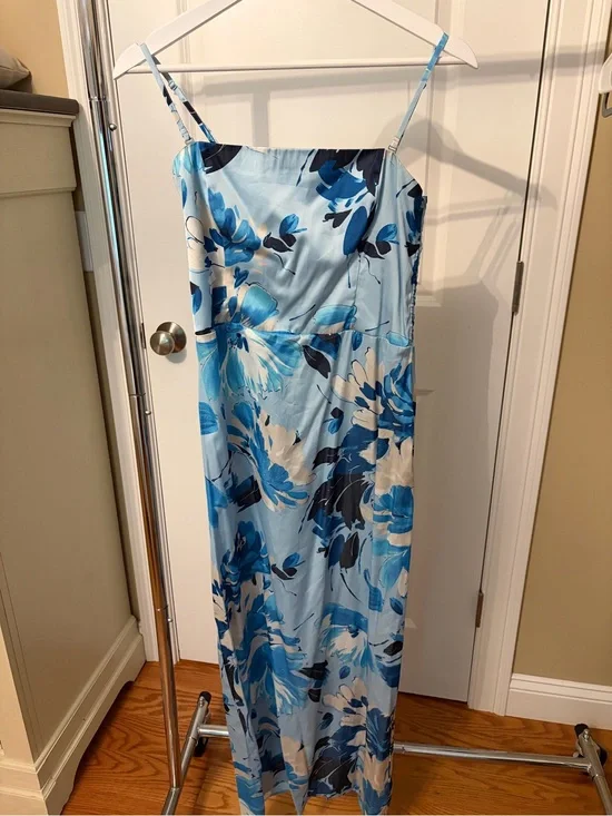 Abercrombie & Fitch Strapless Blue Floral Satin Maxi Dress