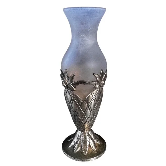 Vintage Silverplate Pineapple Bud‎ Vase Frosted Glass Made in Japan
