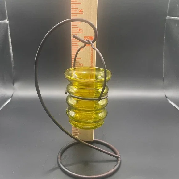 Vintage Green Ribbed Glass Hanging Votive‎ Candle Holder with Metal Stand 9 Inch