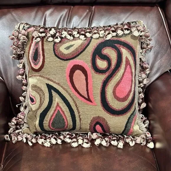 Custom Woven Throw Pillow Down 16 Inch Insert Feather‎ Tassels Paisley Flowing