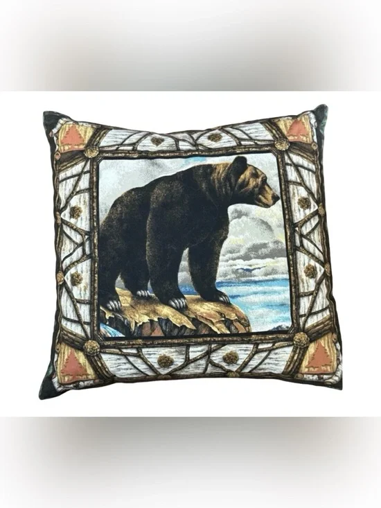 Rustic Black Bear Mountain Fabric Pillow - Adirondack Cabin Lodge Decor 16