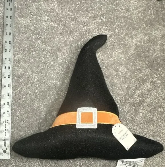 Halloween Witch Hat Decorative Pillow, Black/Orange, 14 in