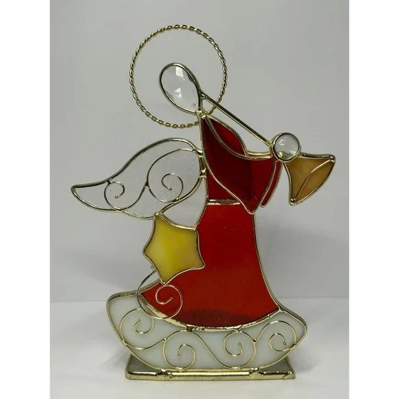 Stained Glass Angel Votive Candle Holder Red Gold Christmas Decor 6.5 Inch