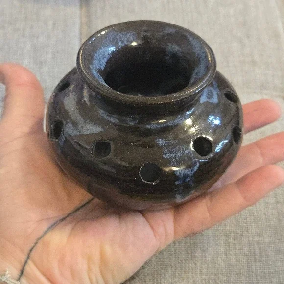 VTG J. Lagues Stoneware Pierced Incense Holder Brown Celadon Glaze 3x4 Potpourri