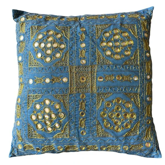 Bohemian Blue Gold Embroidered Shisha Mirror Square Throw Pillow 15x15
