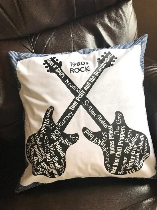 Handmade Pillow Cover, 1980s Rock Bands Guitars Music Room Decor 18 x 18 inches