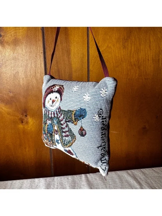 Vintage Longaberger Snowman Tapestry Hanging Pillow Ornament 6x6 Christmas Decor
