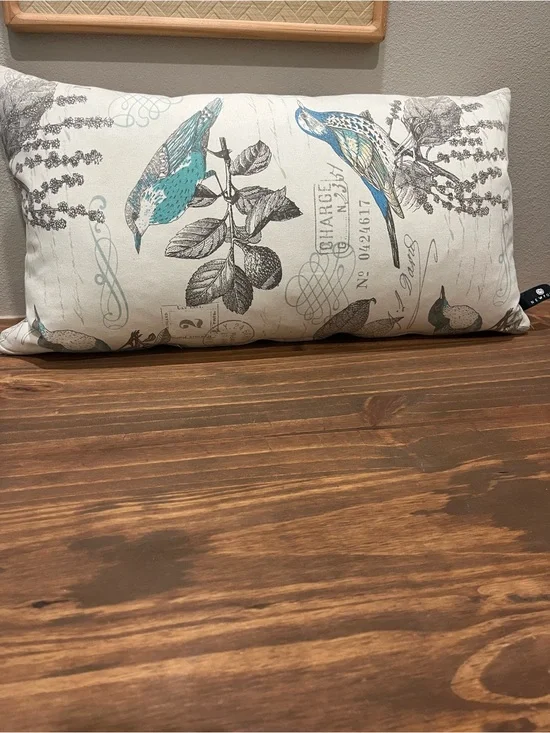Decorative Bird Print Lumbar Pillow - Teal and Gray