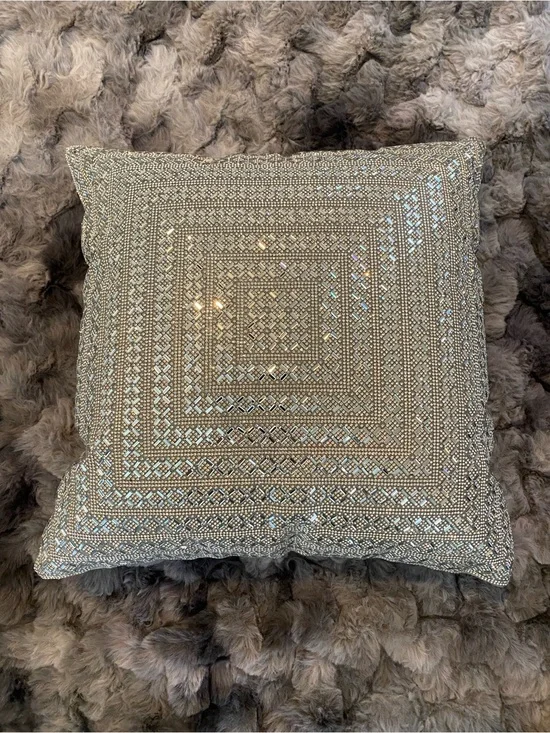 Embellished Rhinestones Square Throw Pillow - Silver & Gray