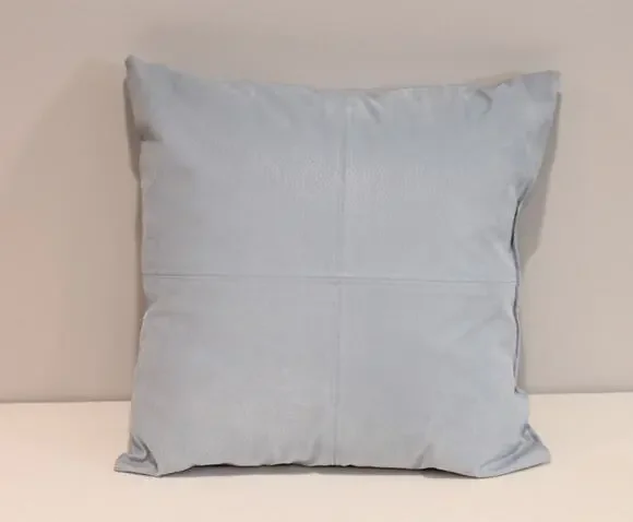 Leather Suede Throw Pillow Light Blue Piping Seam Detail Across Front 15x15in