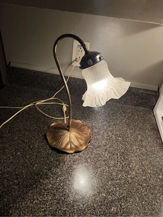 Vintage Brass Lily Pad Tulip Gooseneck Desk Lamp Frosted Clear Shade
