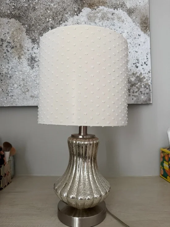 Elegant White Beaded Shade Table Lamp with Silver Mercury Glass Base
