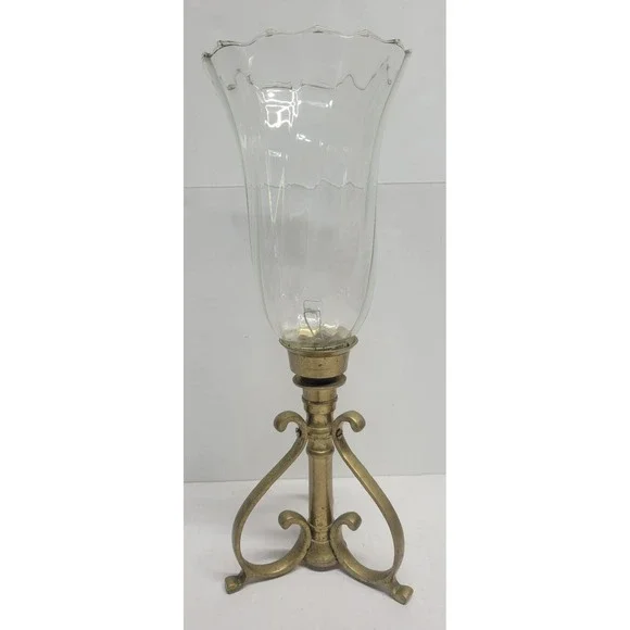 Vintage Brass Hurricane Candle Holder Scroll Tripod Base Scalloped Glass Shade