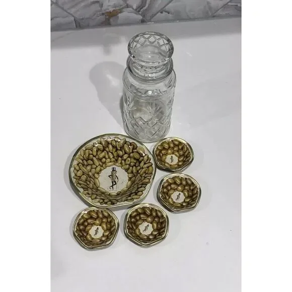 Vintage Planter's Peanuts Lot With Diamond Pattern‎ Glass Jar And Serving Bowls
