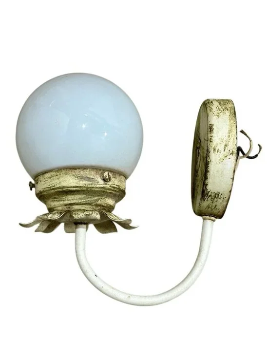 Vintage Tole Style Milk Glass Globe & Painted Metal Wall Sconce
