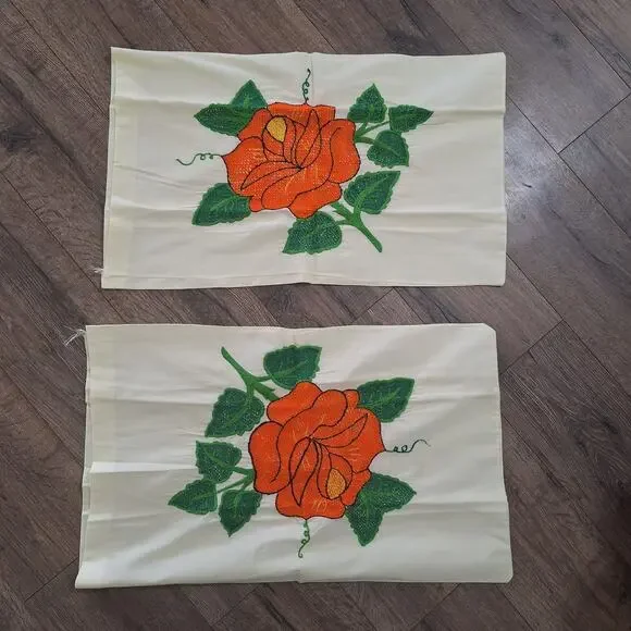 Vintage hand embroidered standard pillow case set of 2 orange flowers bedding