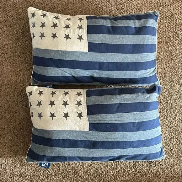 Max Studio Set of 2 Flag Design Throw Pillows Blue Silver Ivory Size 23” x 13”
