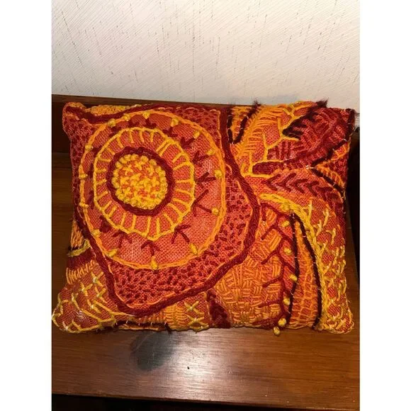 Vintage Handmade Embroidered Burlap Decorative Accent Pillow