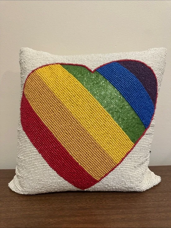 Love Beaded Pillow with Rainbow Accent - White and Multicolor