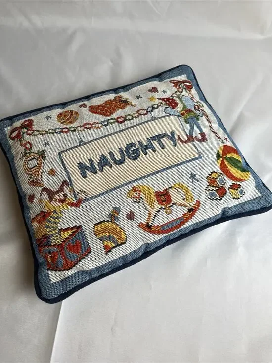 Tapestry Throw Pillow “Naughty” Christmas Decor Regtangular 12”x10”, Toy Motif