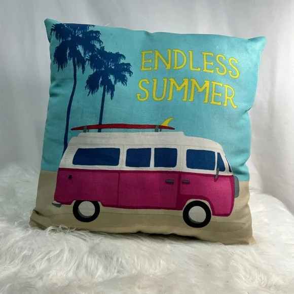 Square Throw Pillow Endless Summer‎ Beach Van Palm Trees Blue Accent 2 pillows