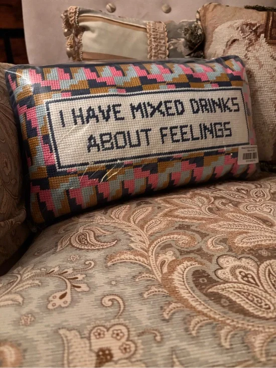 NWT “I have mixed drinks about feelings” needlepoint pillow by Furbish