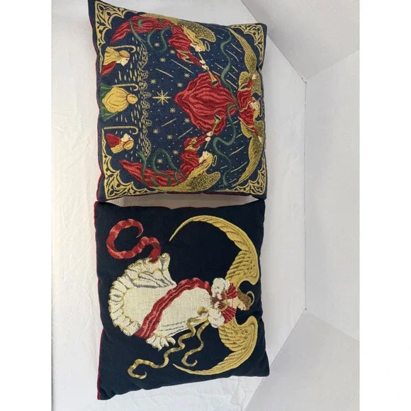 Vintage Angel Tapestry Throw Pillows‎ Set of 2 Christmas Decor Burgundy Navy
