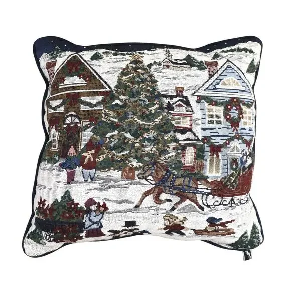 Vintage Newport Christmas Holiday Snow Village Tapestry Throw Pillow 16x16