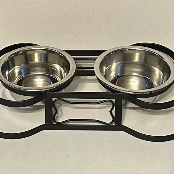 Double Stainless Steel Dog Bowls with Black Elevated Stand