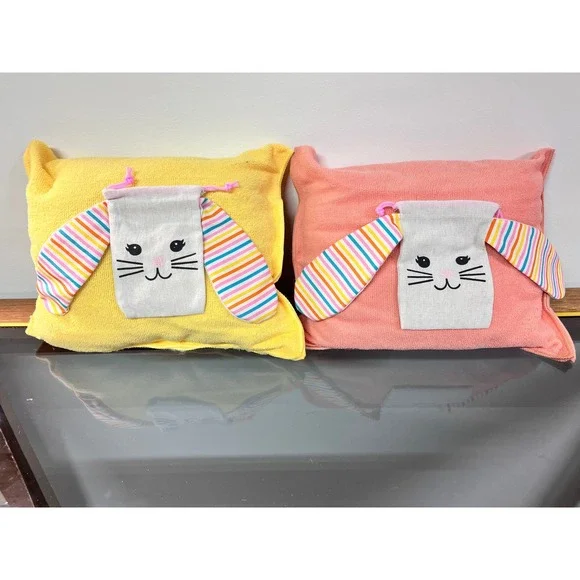 Easter Bunny Terrycloth Pillow Set of 2 Yellow Pink Drawstring‎ Pouch 13x11 in