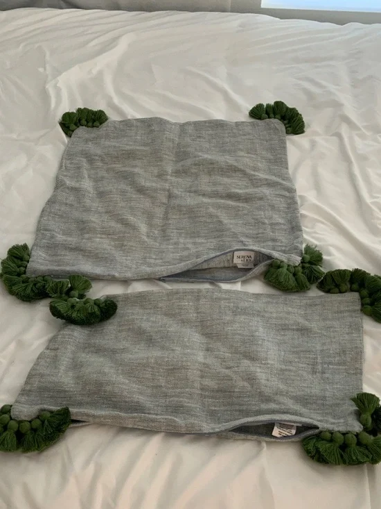 SERENA AND LILY LOT OF 2 BLUE LINEN GREEN TASSELS THROW PILLOWS