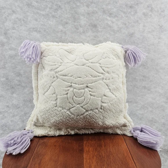 Terry‎ Cloth Cotton Tasseled Cream Lavender throw pillow 10x10