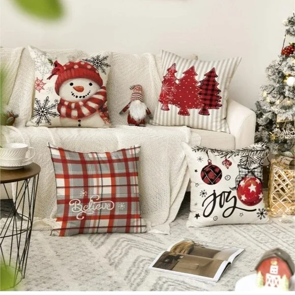 Set of 4 Throw Pillow Covers Snowman, Joy, Believe, Christmas Trees 18