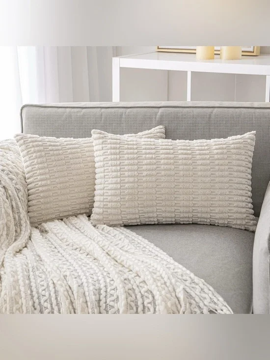Pack of 2 Cream White Throw Pillow Covers 12x20” Soft Corduroy Boho Contemporary