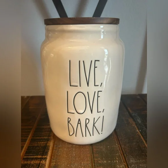 Rae Dunn LIVE, LOVE, BARK! Large Pet Treat Jar With Paw Print On Wood Lid NEW