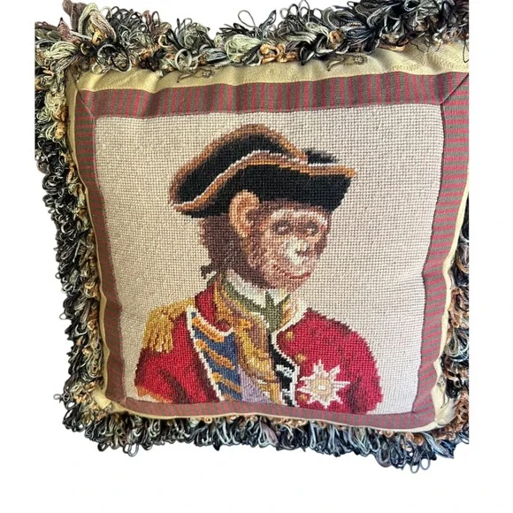 Vintage Needlepoint  Regal Ralph Monkey Pillow 12' Fun Fringe Horchow Heirloom