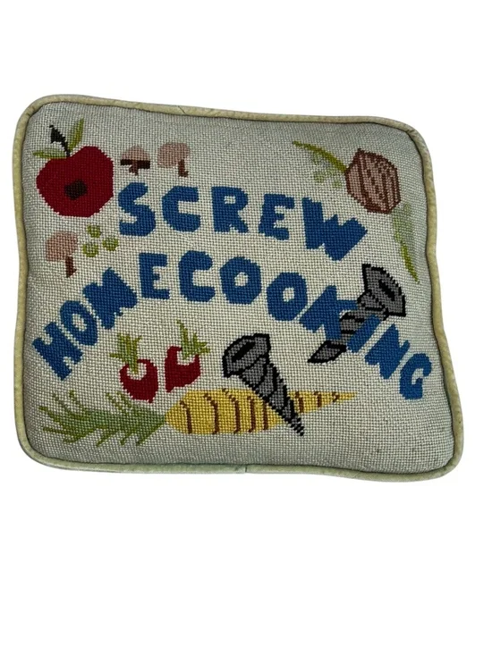 Antique Needlepoint Pillow Screw Home Cooking veggies screws vintage handmade