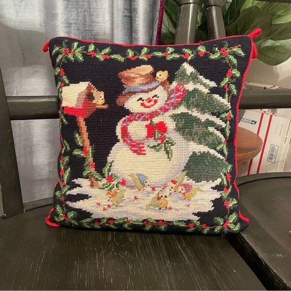 100% Wool Handmade Needle Point  snowman Pillow Christmas 13x13”