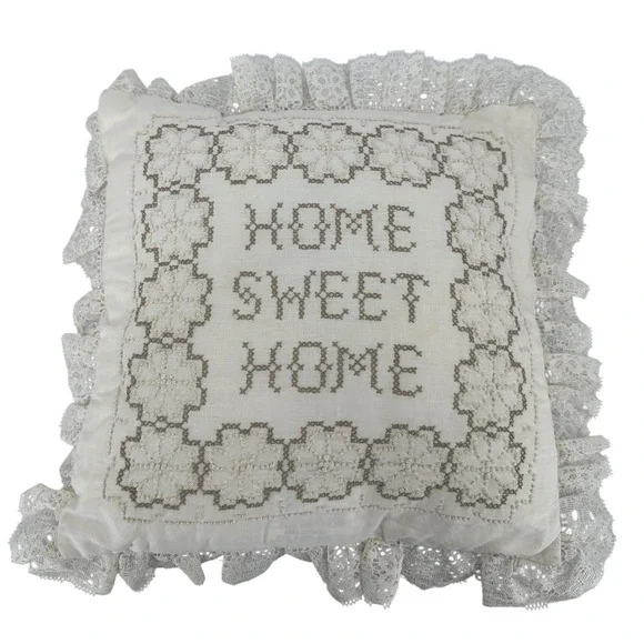 Vintage Home Sweet Home Cross Stitch Lace Ruffle Throw Pillow Cottagecore Cream