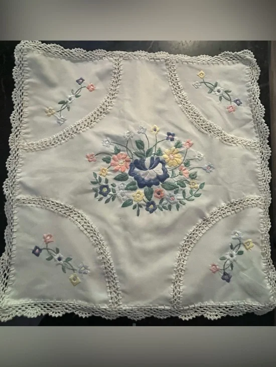 Vintage Hand Embroidered Floral Pillow Cover White Crochet Lace Trim 16x16